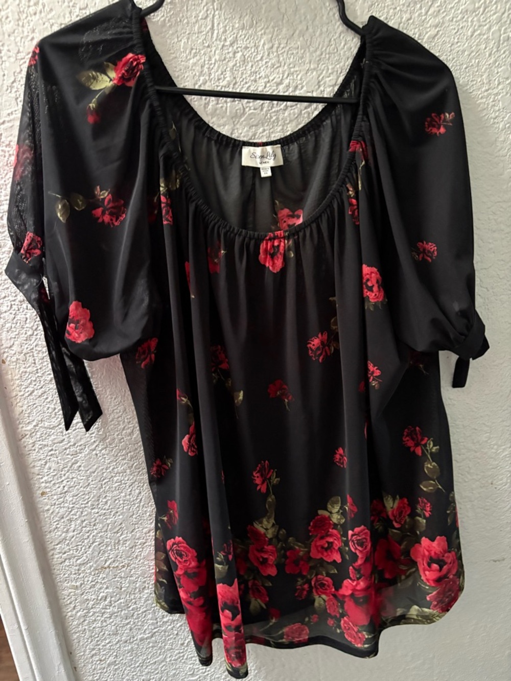 Siren Lily Black Floral Blouse Size 2X Sheer Rose Print Off Shoulder Boho Top